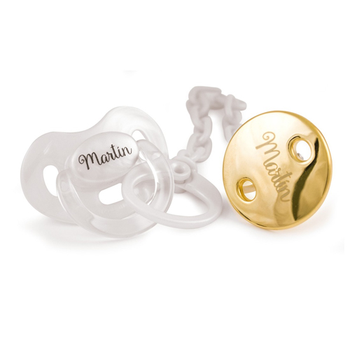 Pack premium chupete+cadena personalizado perlado/oro